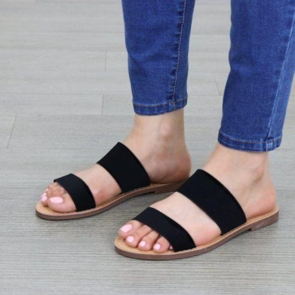 Slip On 2 Strap Flat slider Sandal Black Velvet - Picture 3 of 10